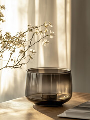Elegant transparent glass urn with smoky details on wooden table  