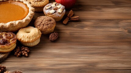 An assortment of festive desserts, including a pumpkin pie, muffins, and a red apple, are beautifully arranged on a rustic wooden surface with pinecones.