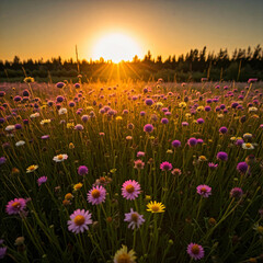 Naklejka premium A breathtaking field of colorful wildflowers bathed in the warm glow of a setting sun