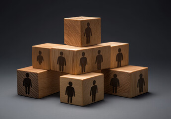 Wooden blocks with human silhouettes arranged in an organized pattern, representing a business management and technology team setting up a hybrid work environment concept. 