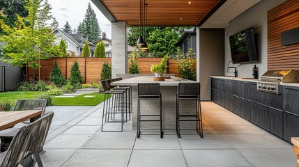 Modern Outdoor Bar Setup with Tall Stools on Patio