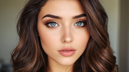 Naklejka premium Captivating portrait of a woman with striking blue eyes and flawless skin in soft lighting