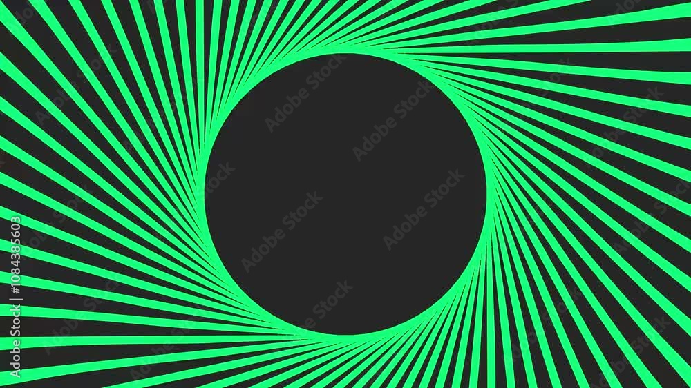 Poster dynamic green lines spinning in a circular motion on a black background. seamless looping animation.