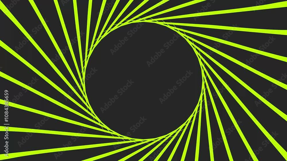 Poster dynamic yellow lines spinning in a circular motion on a black background. seamless looping animation