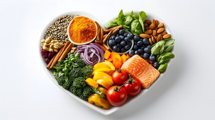 Heart shaped plate of healthy foods with vegetables on white background AI generated