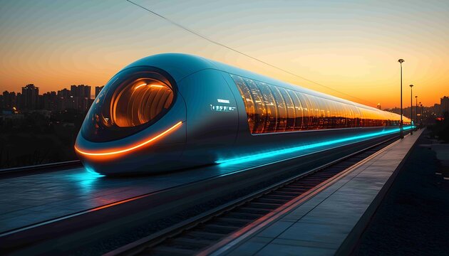 Hyperloop Transit System, dynamic scene of a hyperloop station with sleek pods traveling at high speeds through transparent tubes.