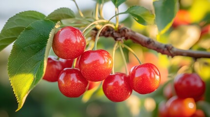 A close-up of ripe cherries hanging from a branch, illuminated by soft sunlight.