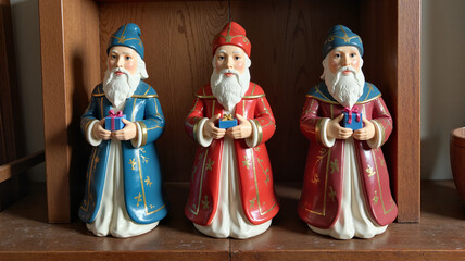 Festive ceramic santas holding gifts in traditional blue and red robes displayed on shelf