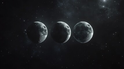 Naklejka premium A banner style design of three crescent moons in a row, black and white monochrome effect illustration.