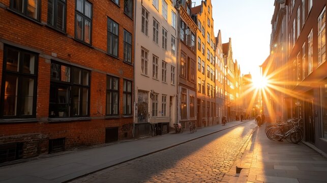 The photo depicts a historic European street during the golden hour, with sunlight streaming between quaint buildings, highlighting their beautiful architecture.