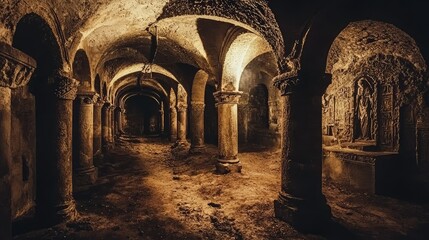 Fototapeta premium Ancient Underground Catacombs with Intricate Carvings