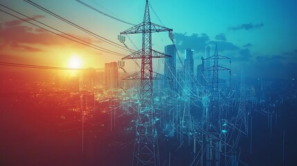 High-voltage power grid with city skyline and lines of energy data in the background. Double exposure concept for smart electricity management, digital twin technology, or global gas and electric
