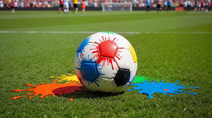 Fototapeta premium Splash of color: vibrant soccer ball on lush green field
