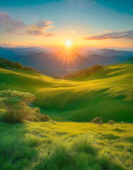 Naklejka premium Paisaje de un atardecer con llano y vegetación verde.