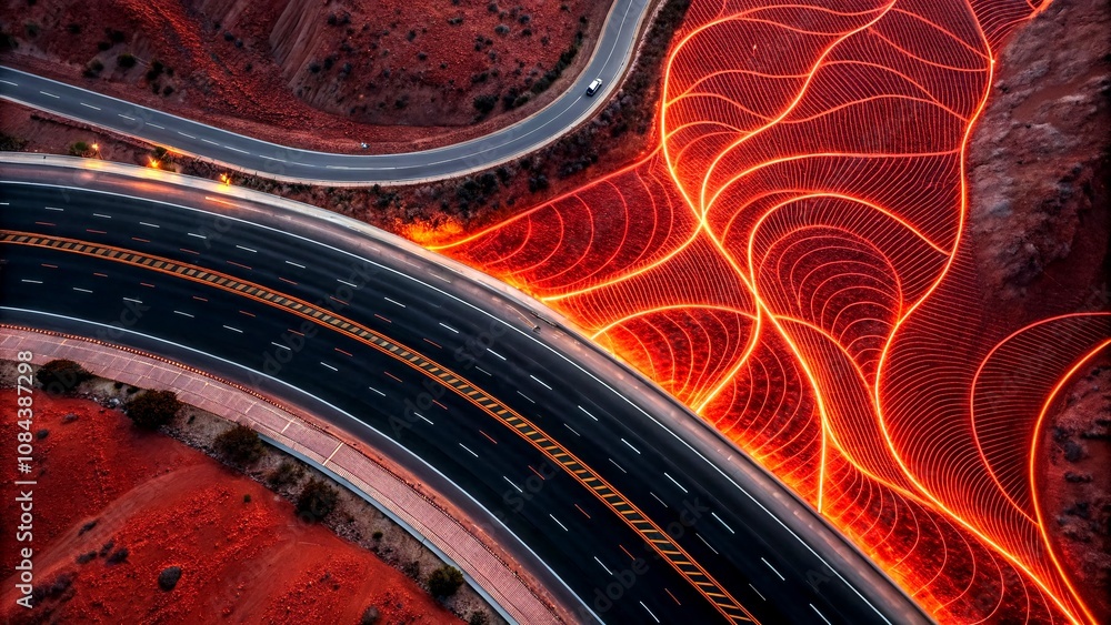 Poster abstract aerial photography featuring red and orange gradient textures with futuristic patterns and 