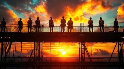 Obraz premium Construction workers at sunset urban construction site photography silhouetted view teamwork concept