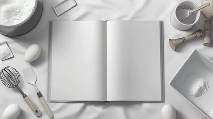 A mock up of an open, blank, plain white cookery book or recipe book with baking ingredients in the background