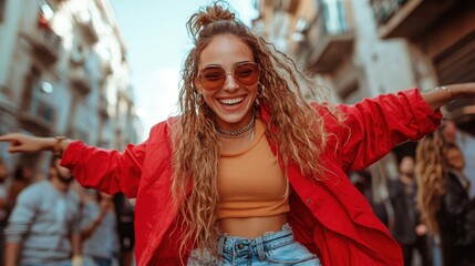 A joyful young woman with curly hair and sunglasses, wearing a fashionable red jacket and orange top, energetically posing in a lively urban street.