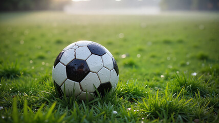 Fototapeta premium Soccer ball in morning dew on lush green field