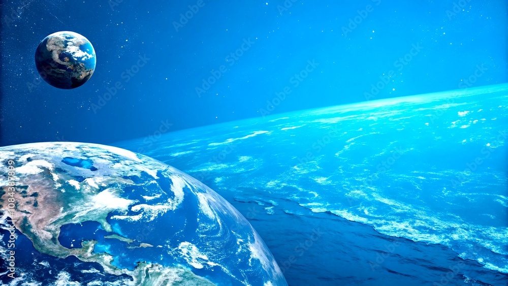 Poster abstract blue background featuring tiny planet earth on the left side with ample copy space for crea