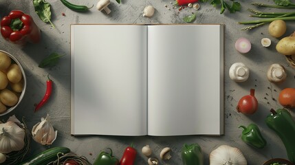 A mock up of a blank, plain white cookery book or recipe book with vegetable ingredients in the background