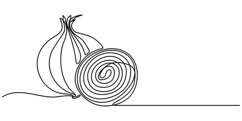 Continuous Line Drawing Of Garlic & Parsley On A Transparent background, Continuous one line drawing two whole healthy freshness organic bulb onion for harvesting logo identity. Fresh common onion. 
