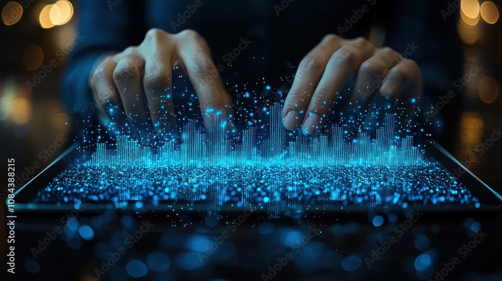 Poster digital interaction virtual workspace data visualization modern office close-up technology concept