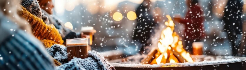 Panoramic cozy winter, A panoramic shot of people gathered around an outdoor fire pit, wrapped in blankets and sipping hot cocoa under softly falling snow