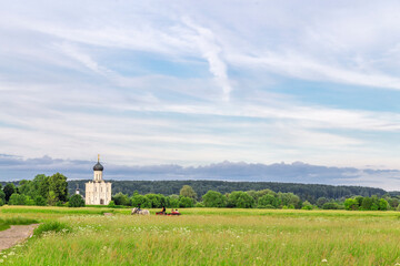 Church of Intercession upon Nerl River 12th century. (Bogolyubovo, Vladimir region, Golden Ring of Russia) A warm summer evening. historical and cultural heritage of Russia.
