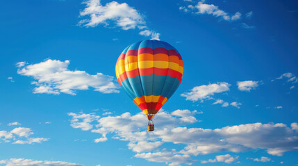 Fototapeta premium Colorful hot air balloon, blue skies, sparse clouds, National Geographic photography.