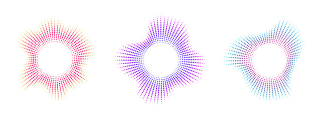 Neon dot equalizer set. Audio multicolor waves. Music symbol, circular sound waves. Vector radial spectrum
