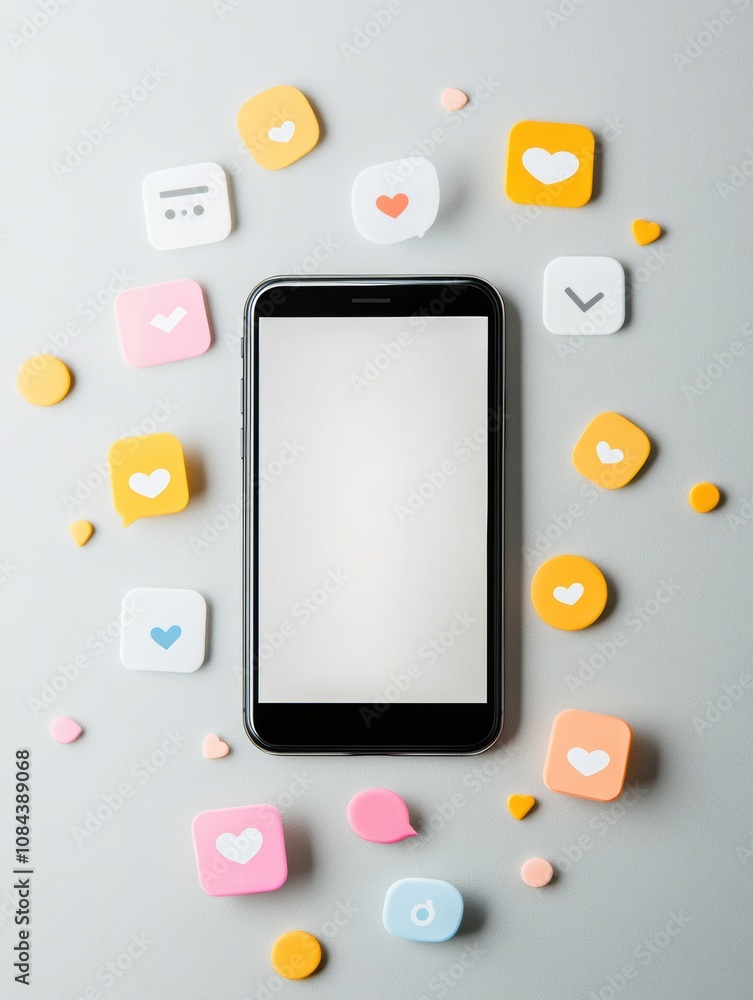 Poster a smartphone is positioned on a plain surface with various icons scattered around, symbolizing likes