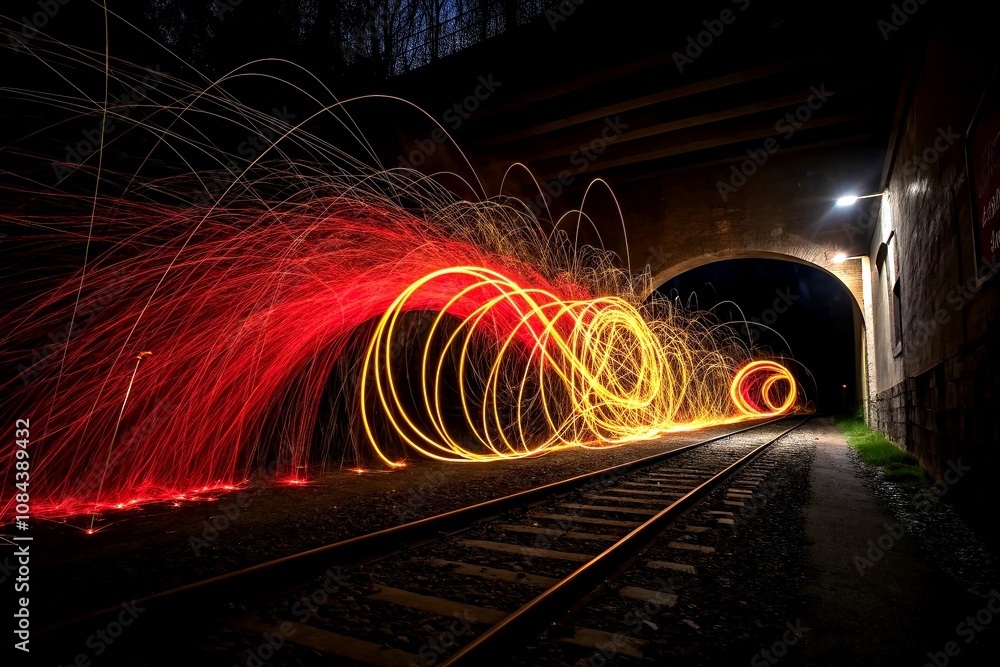 Poster abstract long exposure illustration of red and yellow particles flowing through a dark tunnel, creat