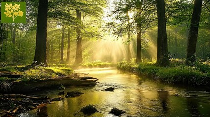 Obraz premium Misty Morning Stream in a Serene Forest