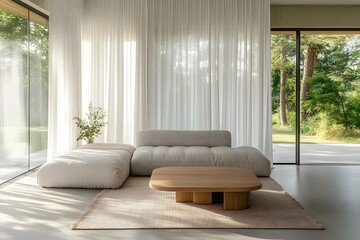 Modern Minimalist Living Room Interior Design Beige Sofa Wooden Coffee Table Sheer Curtains Sunny