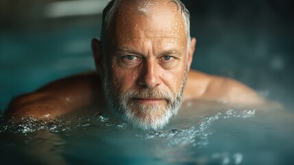 An elderly man swims serenely in a tranquil indoor pool, water droplets glistening on his face. His expression reflects peacefulness and relaxation.