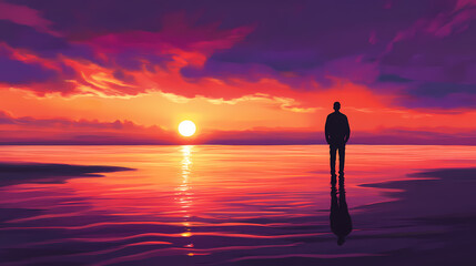 A man stands alone on a beach at sunset. Melancholy. Illustration