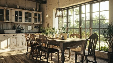 Fototapeta premium Rustic Farmhouse Dining Area with Natural Light