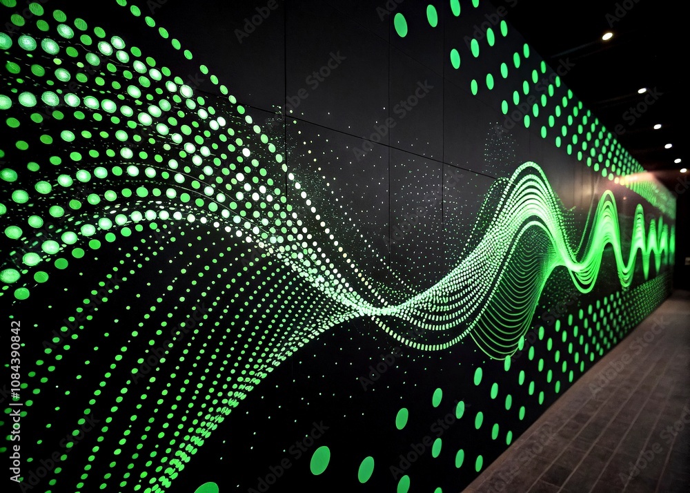 Poster abstract waveform of green dots on black background illustrating particle stream dynamics for modern