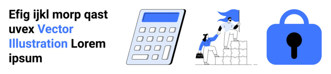 Abstract text alongside a calculator, people climbing stairs with a flag, and a lock. Ideal for finance, teamwork, achievement, security, business planning, growth, protection. Banner for landing