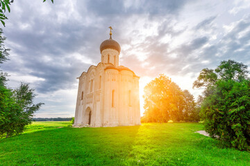 Church of Intercession upon Nerl River 12th century. (Bogolyubovo, Vladimir region, Golden Ring of Russia) A warm summer evening. historical and cultural heritage of Russia.