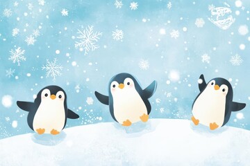Three cheerful penguins play in a snowy landscape with falling snowflakes.