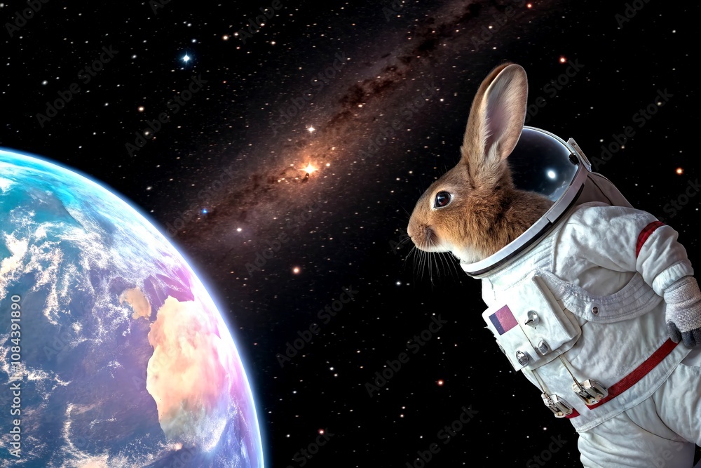 Poster adorable european bunny in spacesuit floating near a glowing planet with ample copy space for creati