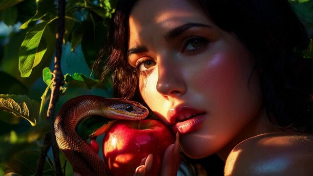 Eve stands beneath a lush tree, holding a bright red apple, with a serpent coiled around a branch above her. The scene is bathed in soft, ethereal light, symbolizing temptation and the Garden of Eden.