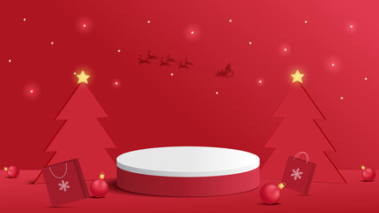 Fototapeta premium Podium Christmas. Red Podium for product display presentation with christmas tree. Podium platform to show product on red background. Merry Christmas background_13
