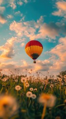 Fototapeta premium Hot Air Balloon Floating Above a Field of Dandelions at Sunset with Vibrant Skies