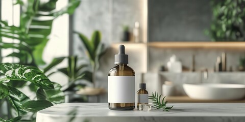 Two amber glass bottles with blank labels on a marble surface in a modern bathroom setting.