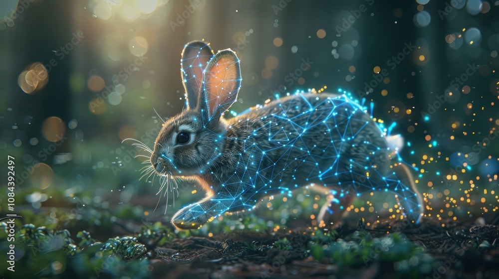 Poster a digital rendering of a rabbit running through a forest, with glowing blue and yellow lines connect