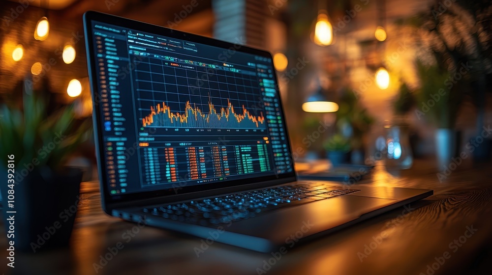 Poster analyzing stock market trends office workspace data visualization professional environment close-up 