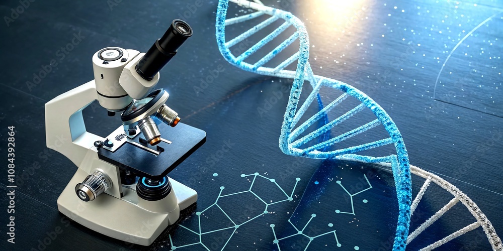 Poster advanced research in biotechnology: a microscope beside a digital dna strand with futuristic overlay